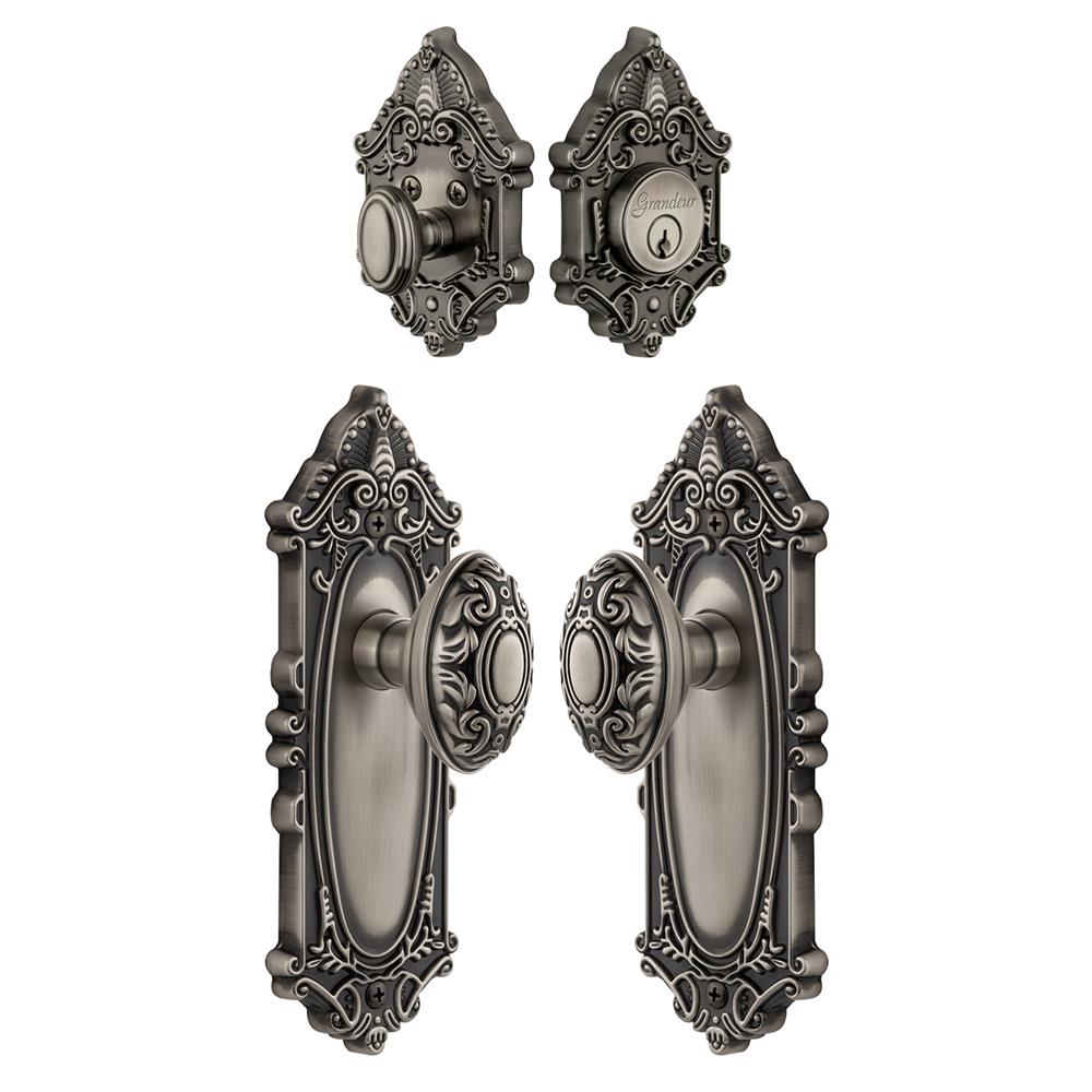 Grandeur by Nostalgic Warehouse Single Cylinder Combo Pack Keyed Differently - Grande Victorian Plate with Grande Victorian Knob and Matching Deadbolt in Antique Pewter